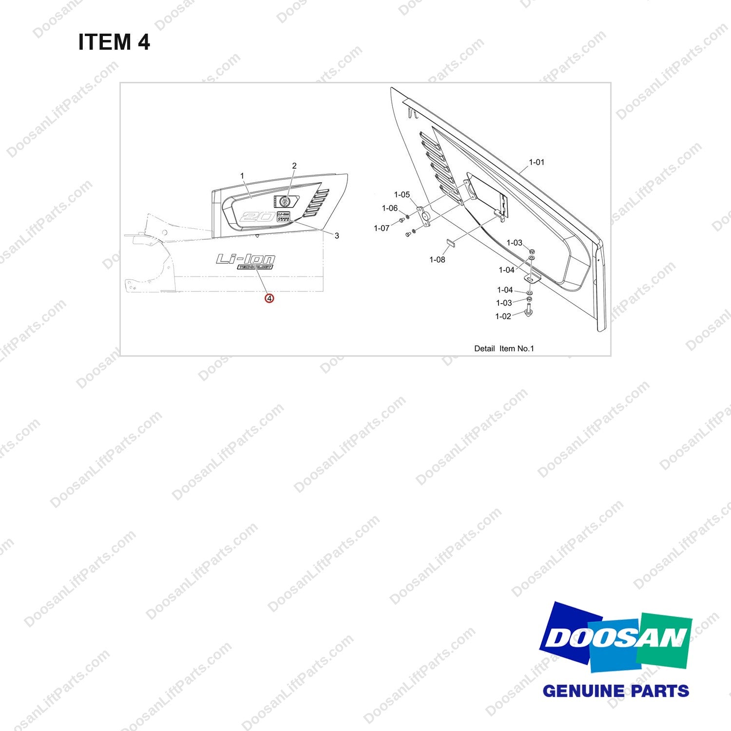 500139-00421 CH/OV AR.-OUTER PANEL;&DECAL FOR LIB BAT - full parts diagram, item 4 marked - genuine Doosan / Bobcat forklift part
