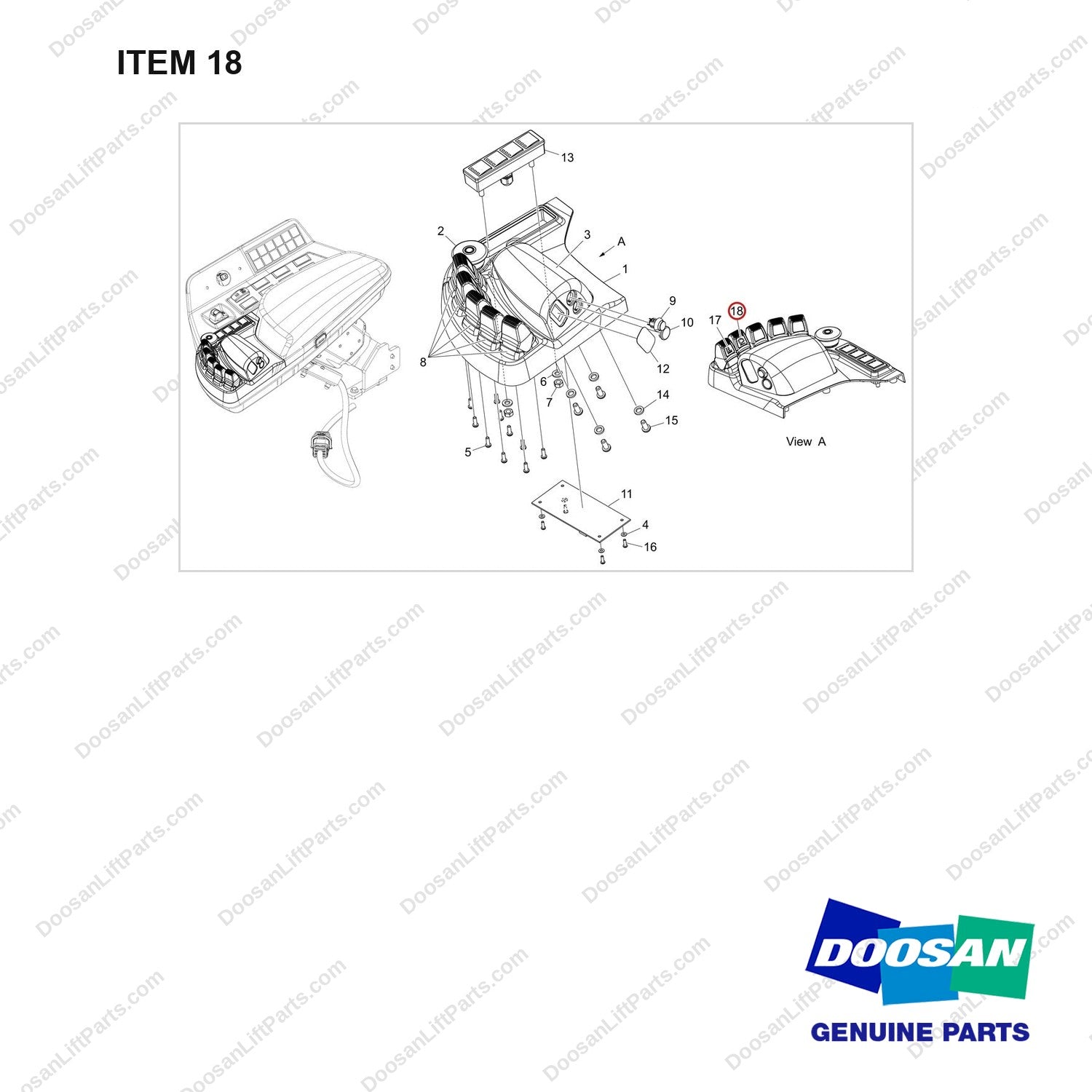 500139-00506 COVER ASSY;5WAY FINGERTIP - full parts diagram, item 18 marked - genuine Doosan / Bobcat forklift part