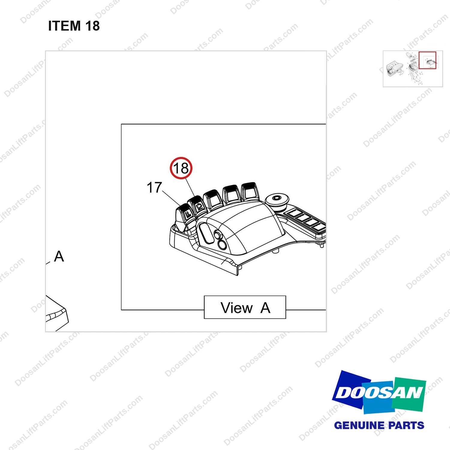 500139-00653 COVER ASSY;FINGERTIP,5WAY - parts diagram, item 18 shown - genuine Doosan / Bobcat forklift part