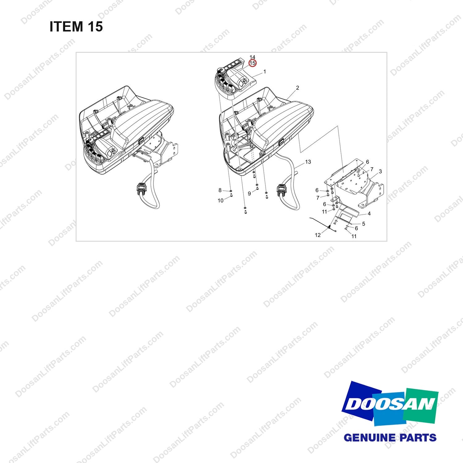 500139-00654 ARM SUB ASSY;FINGERTIP,5WAY - full parts diagram, item 15 marked - genuine Doosan / Bobcat forklift part