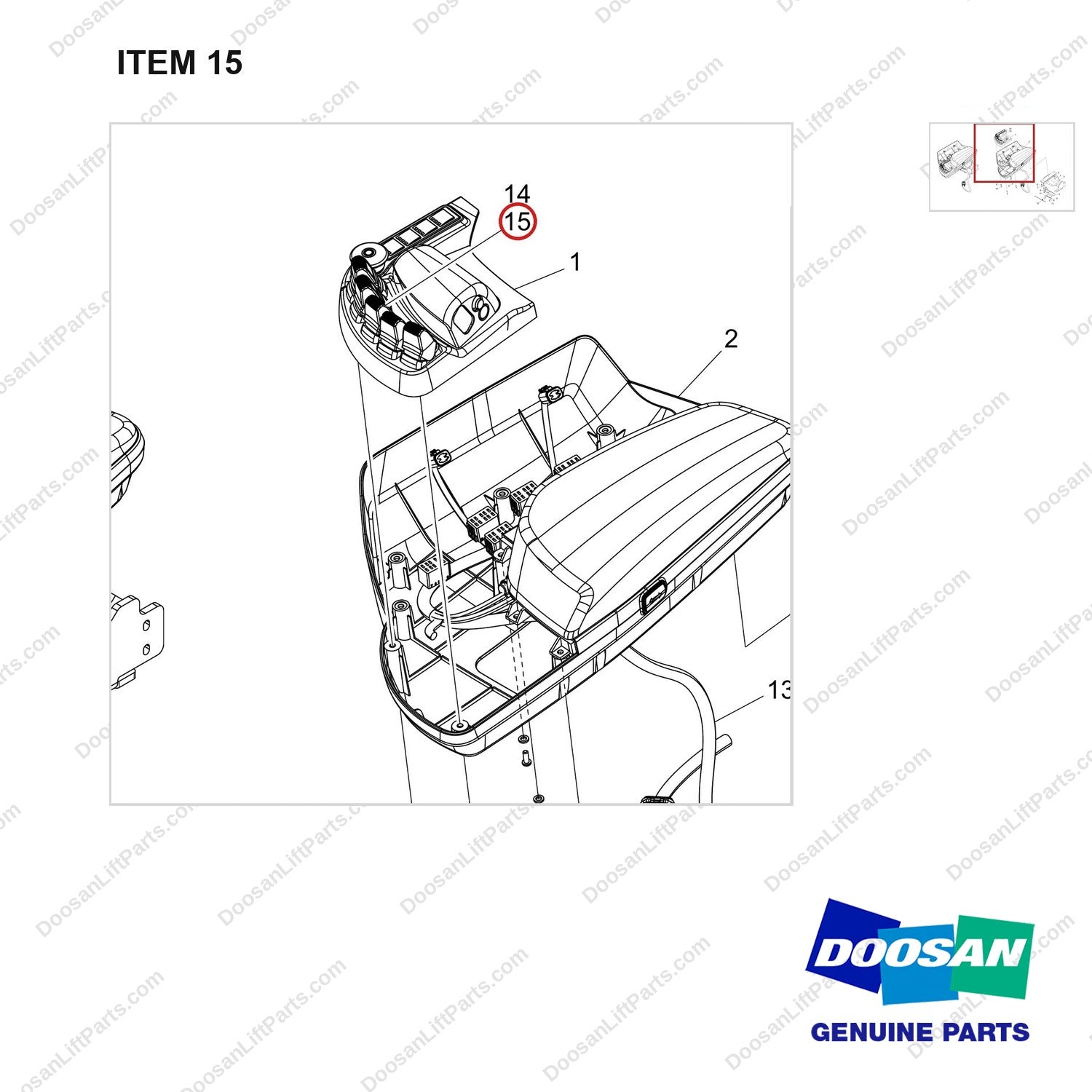 500139-00654 ARM SUB ASSY;FINGERTIP,5WAY - parts diagram, item 15 shown - genuine Doosan / Bobcat forklift part