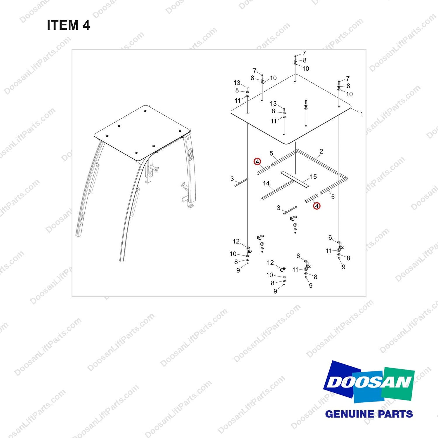 500140-00116 TOP COVER;OVERHEAD GUARD - full parts diagram, item 4 marked - genuine Doosan / Bobcat forklift part