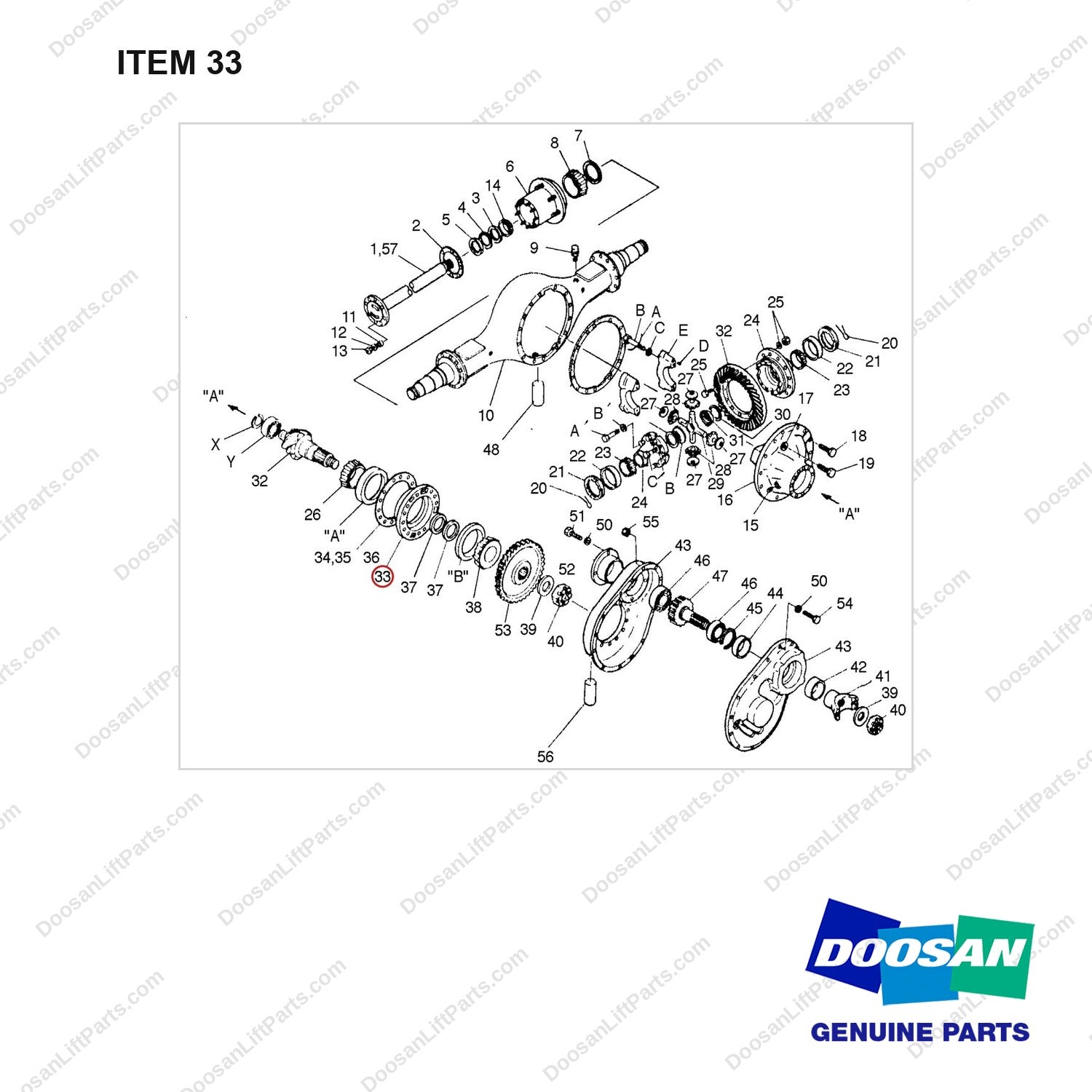 535554 DRIVE AXLE - full parts diagram, item 33 marked - genuine Doosan / Bobcat forklift part