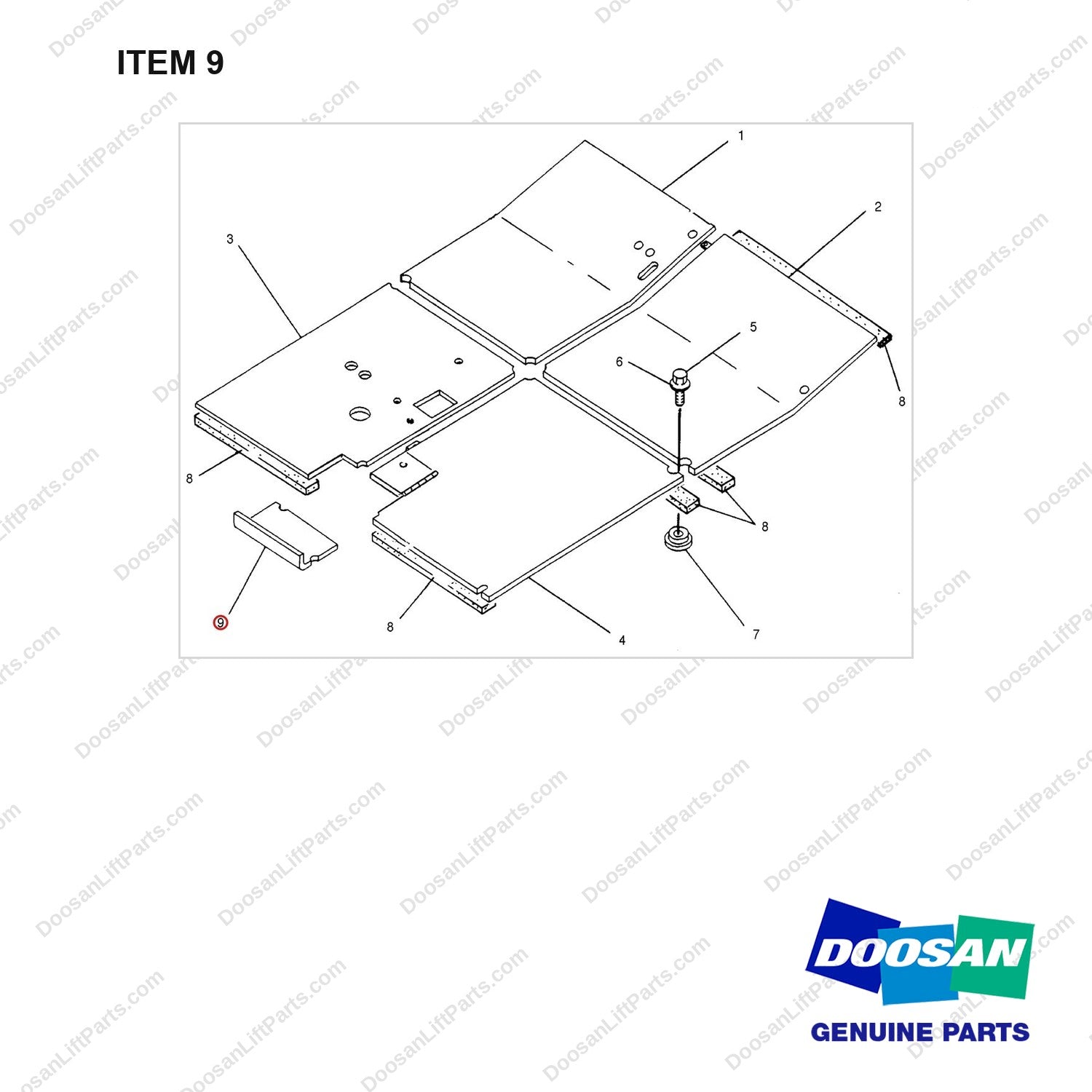537213 FLOOR PLATE GP - full parts diagram, item 9 marked - genuine Doosan / Bobcat forklift part