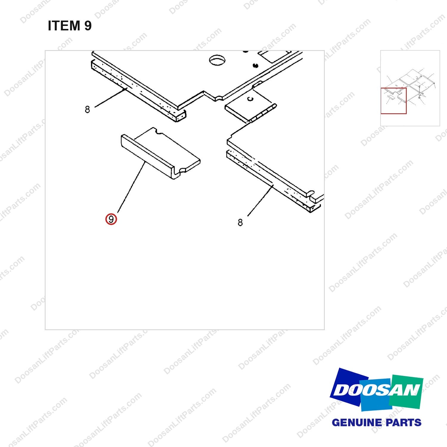 537213 FLOOR PLATE GP - parts diagram, item 9 shown - genuine Doosan / Bobcat forklift part