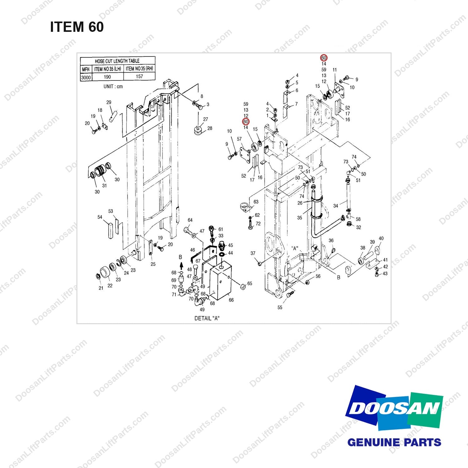 540516 MAST MOUNTING - (MFH:3000mm) - full parts diagram, item 60 marked - genuine Doosan / Bobcat forklift part