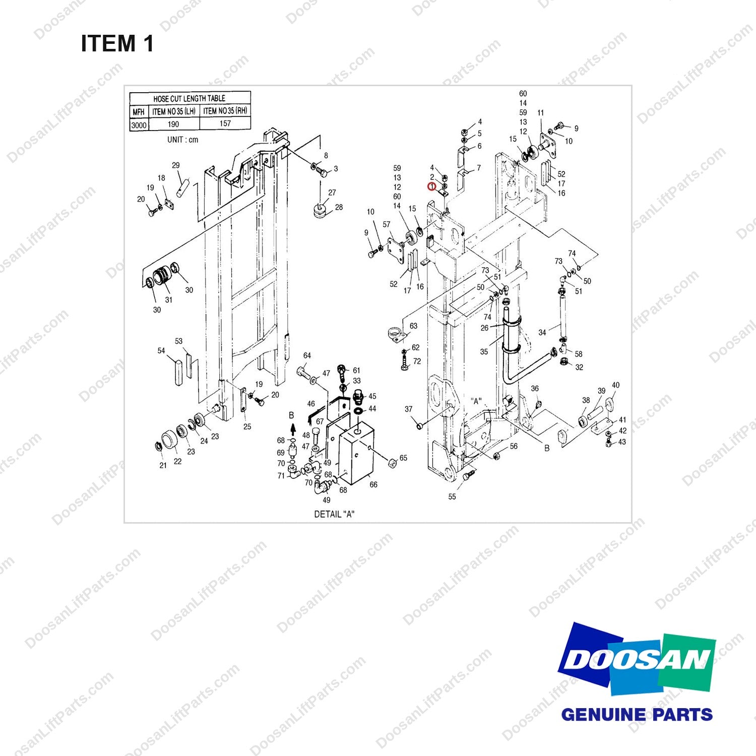 551415 MAST MOUNTING - (MFH:3000mm) - full parts diagram, item 1 marked - genuine Doosan / Bobcat forklift part