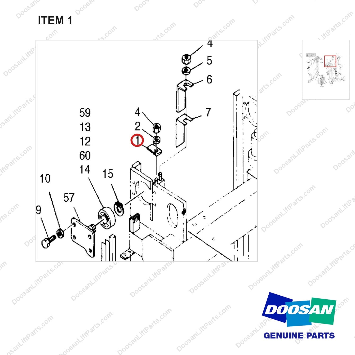 551415 MAST MOUNTING - (MFH:3000mm) - parts diagram, item 1 shown - genuine Doosan / Bobcat forklift part