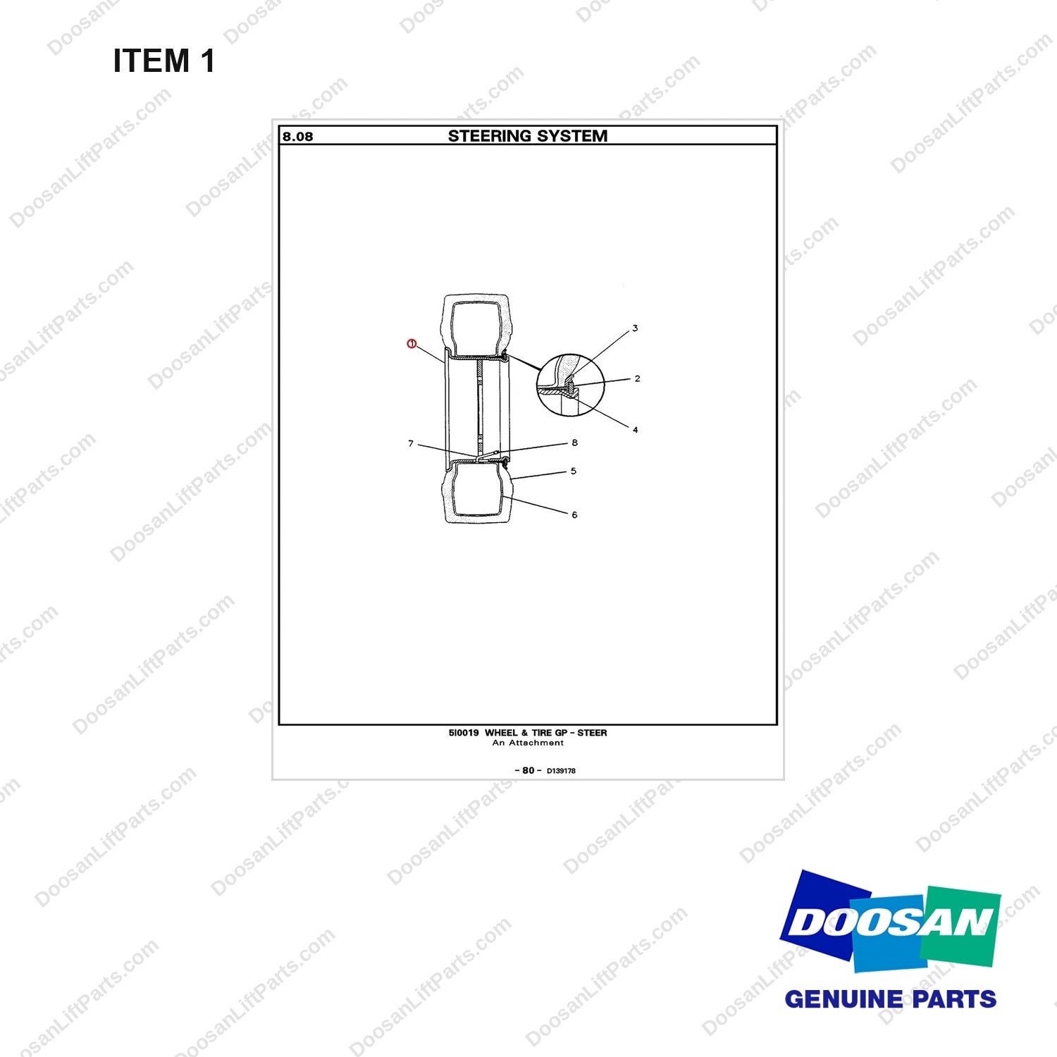 5I0331 STEER WH & TIRE AS(2-3 TON) - full parts diagram, item 1 marked - genuine Doosan / Bobcat forklift part