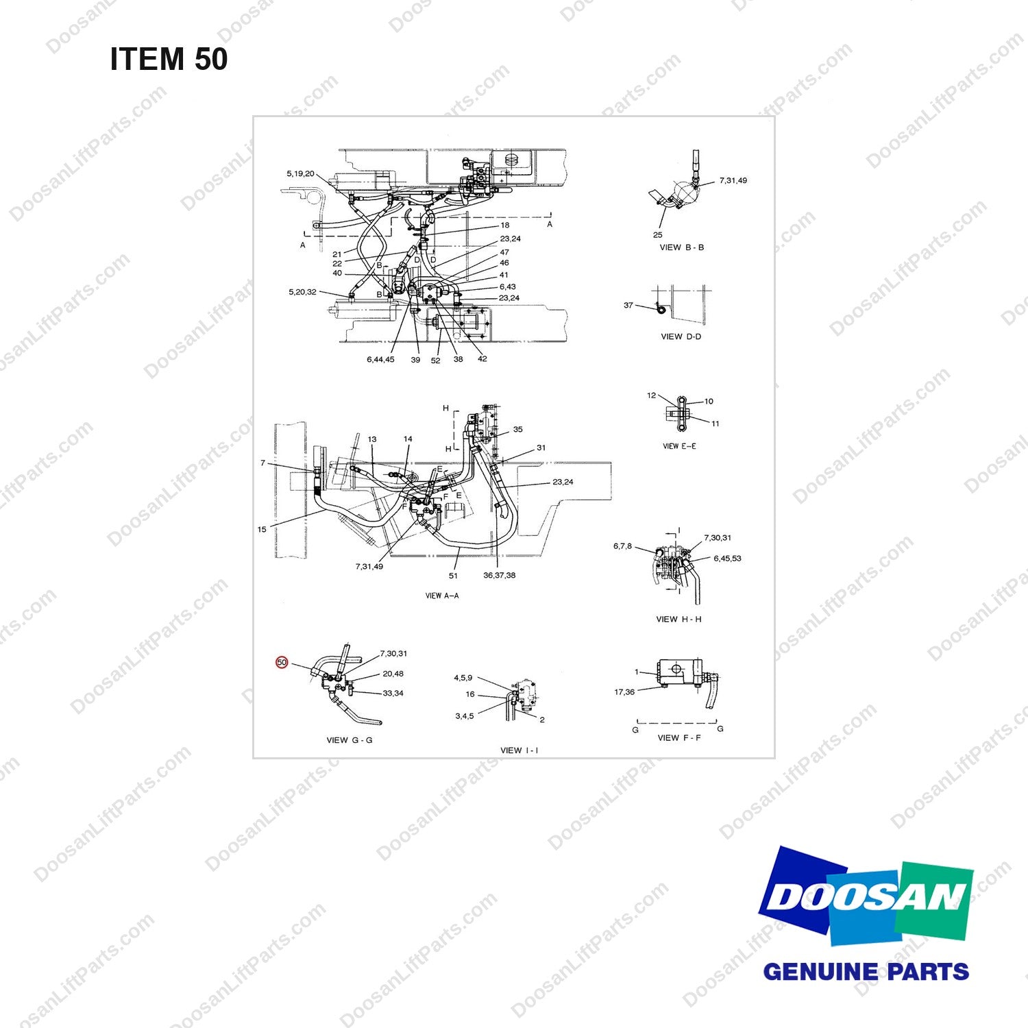 5N2840 LINES GP-MAST OPERATING(LTZ) - full parts diagram, item 50 marked - genuine Doosan / Bobcat forklift part