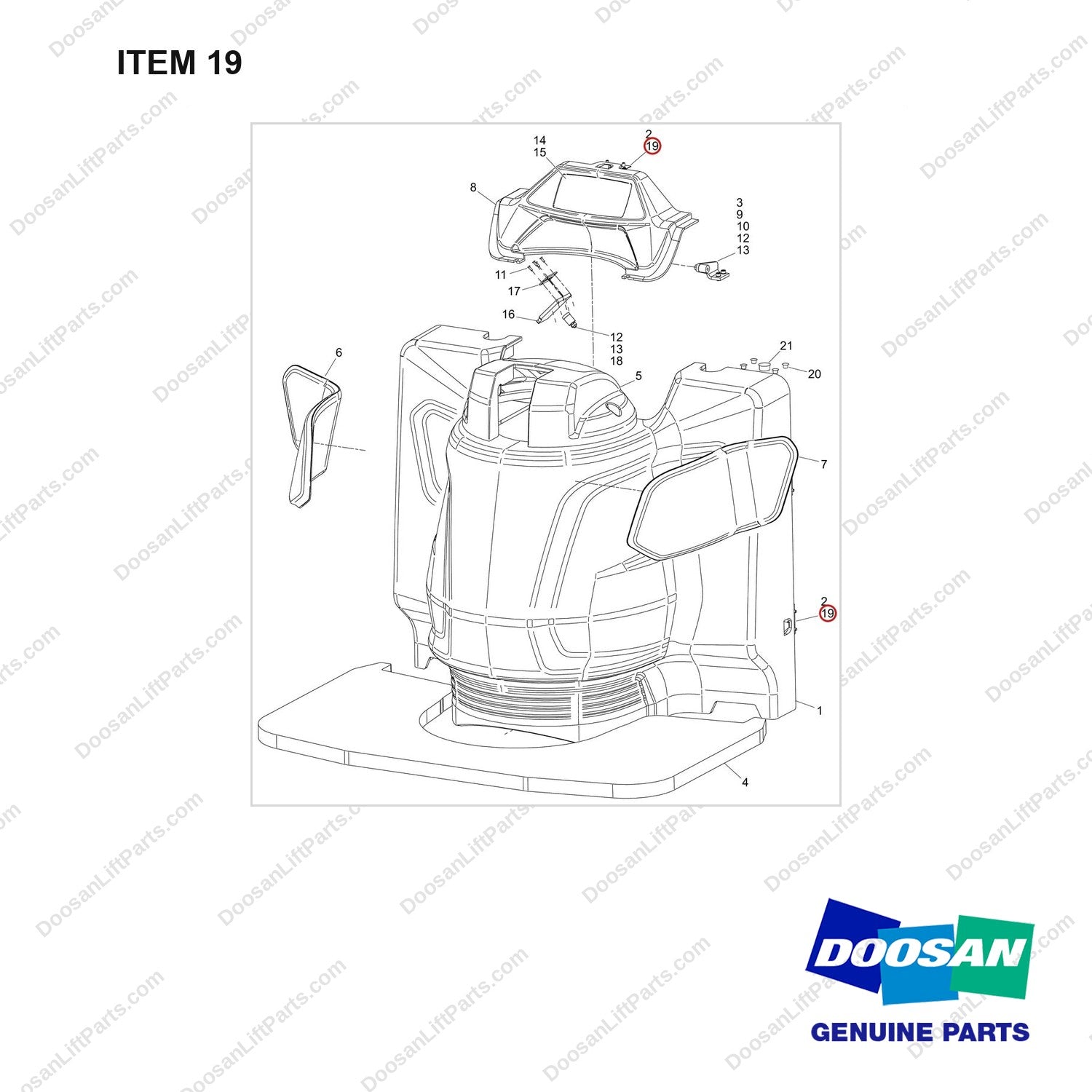 610-0042 Cover montage(Bobcat) - full parts diagram, item 19 marked - genuine Doosan / Bobcat forklift part