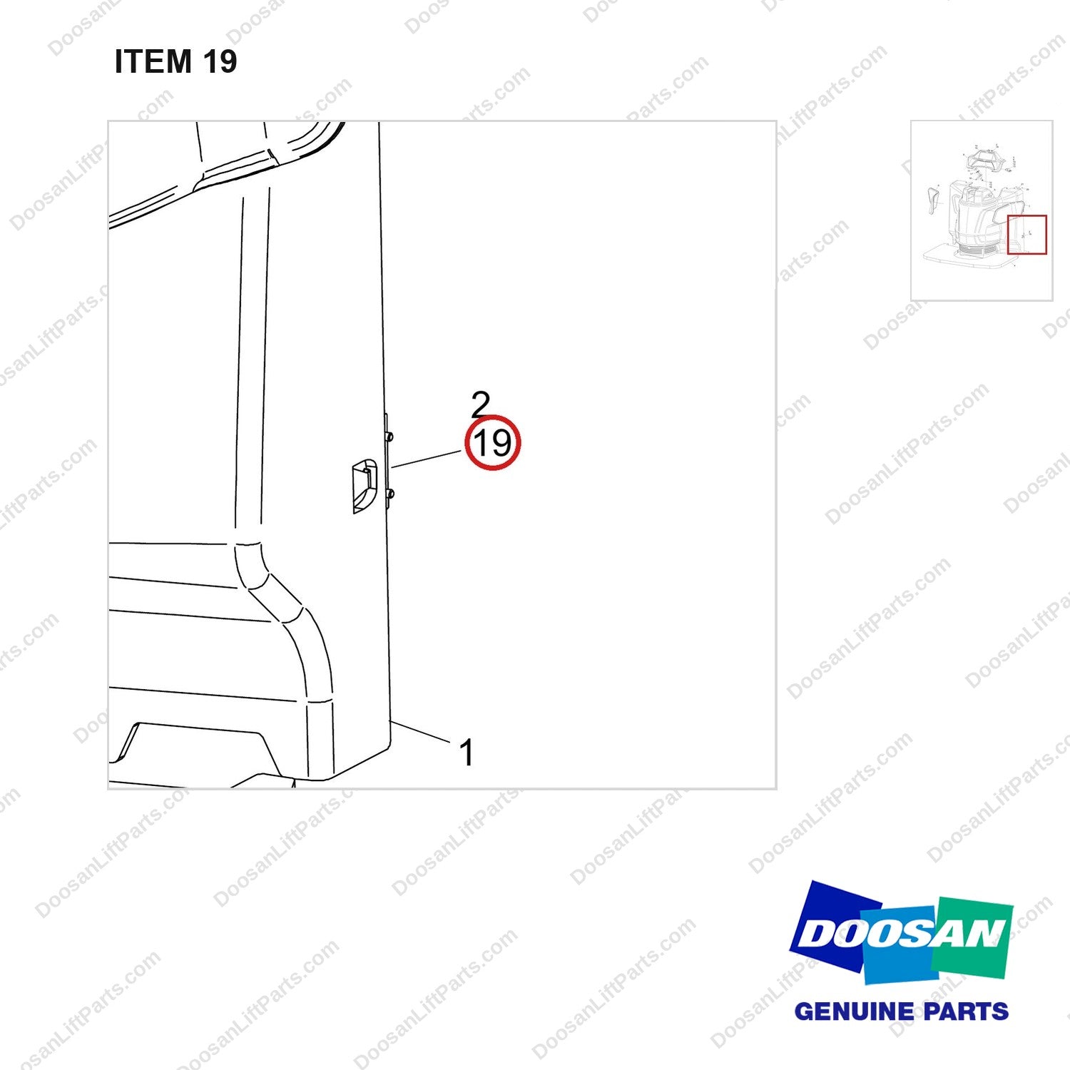 610-0042 Cover montage(Bobcat) - parts diagram, item 19 shown - genuine Doosan / Bobcat forklift part