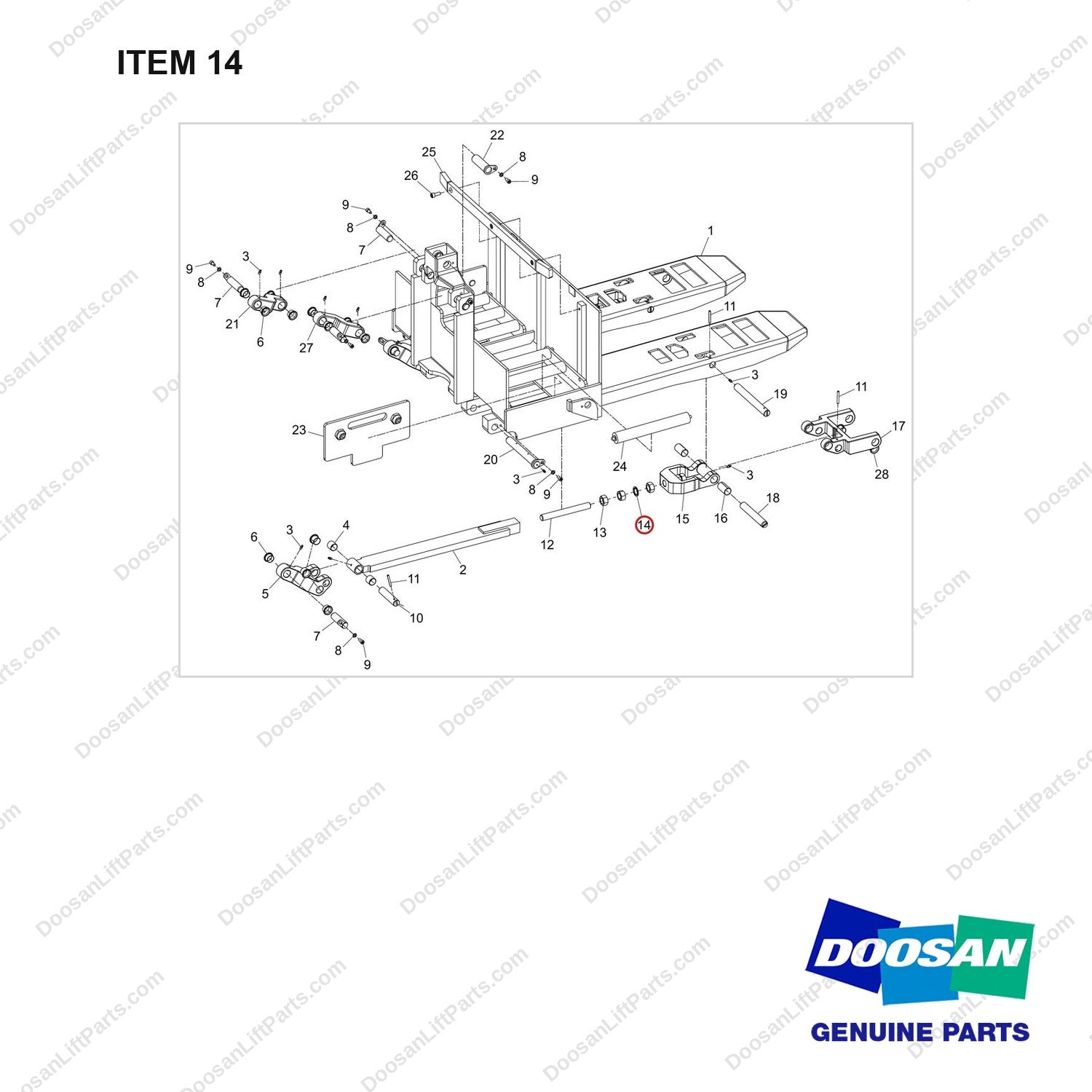 610-0082 Fork Frame Assy For 93” Tandem - full parts diagram, item 14 marked - genuine Doosan / Bobcat forklift part