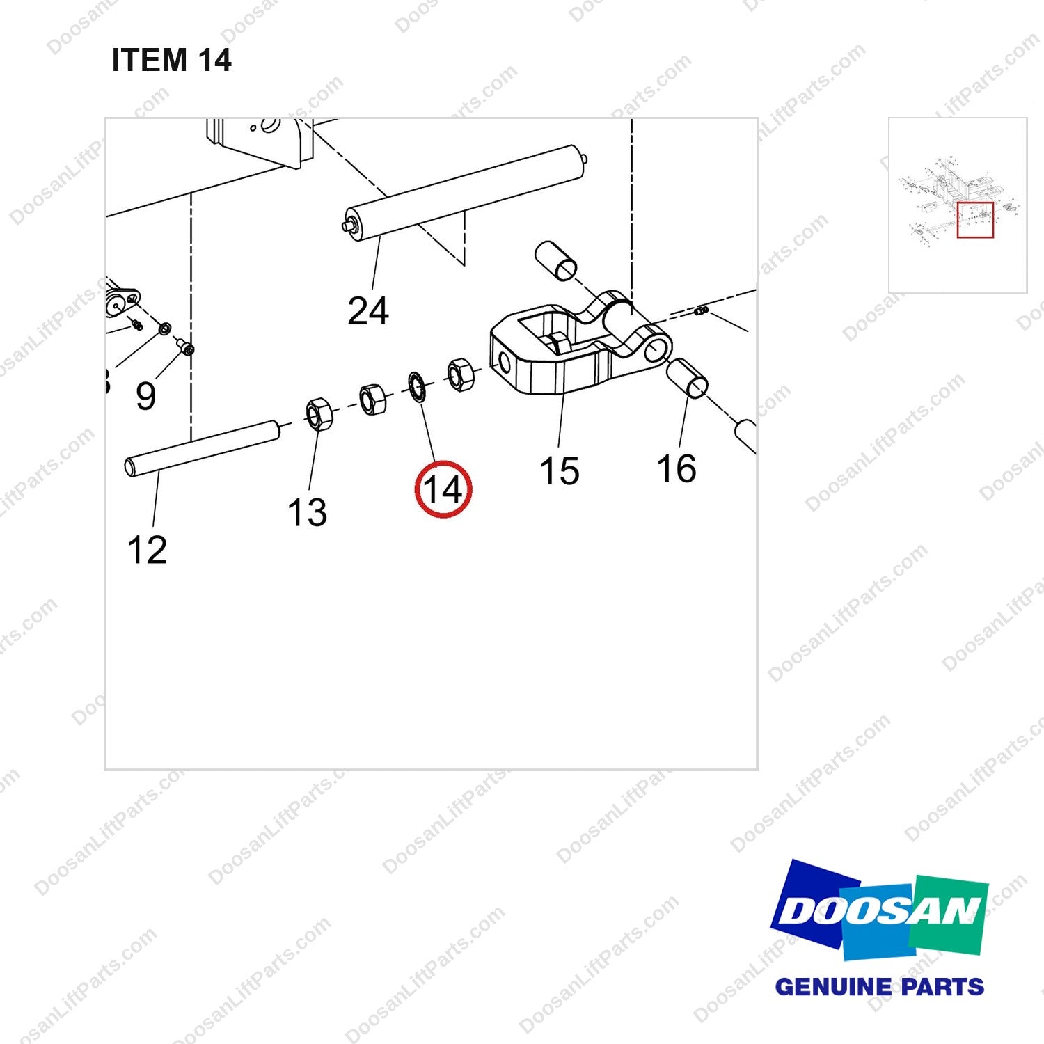 610-0082 Fork Frame Assy For 93” Tandem - parts diagram, item 14 shown - genuine Doosan / Bobcat forklift part