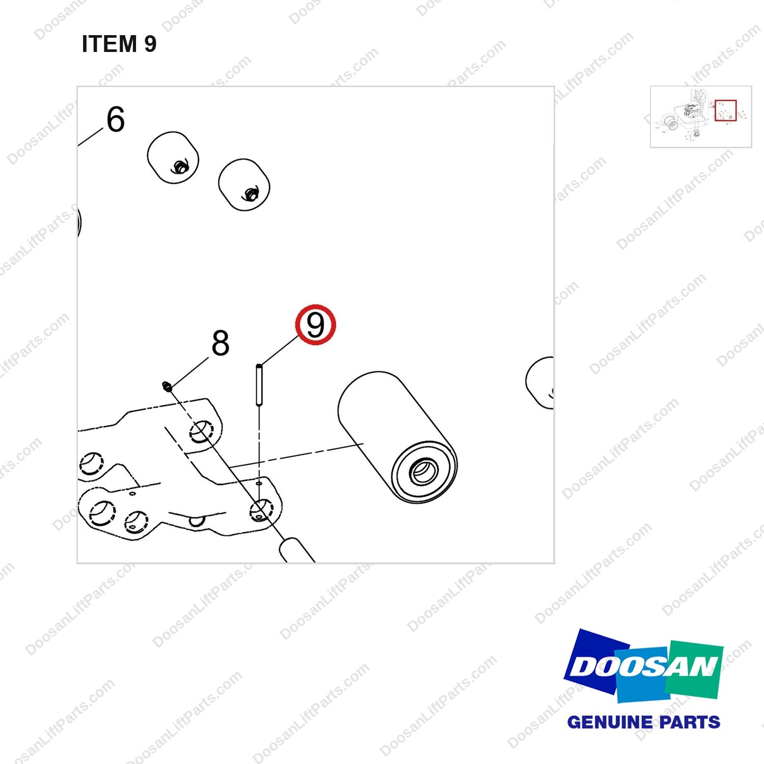 610-0292 Single Roller, Support Wheel, DR (URE) - parts diagram, item 9 shown - genuine Doosan / Bobcat forklift part