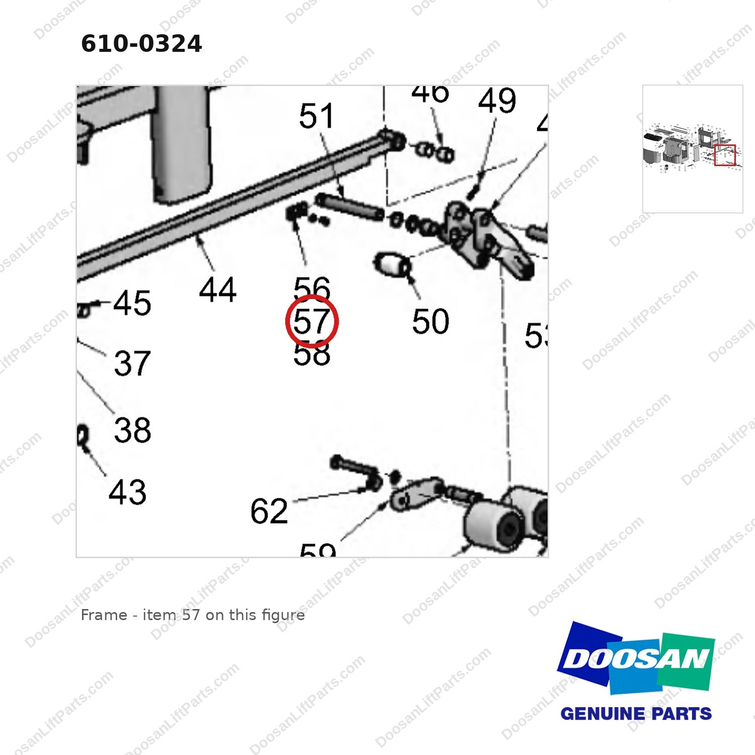610-0324 Frame - parts diagram, item 57 shown - genuine Doosan / Bobcat forklift part