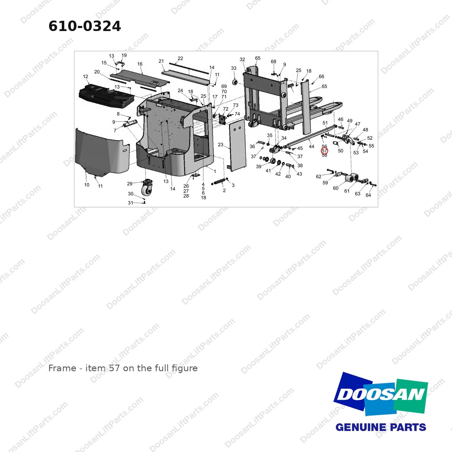 610-0324 Frame - full parts diagram, item 57 marked - genuine Doosan / Bobcat forklift part