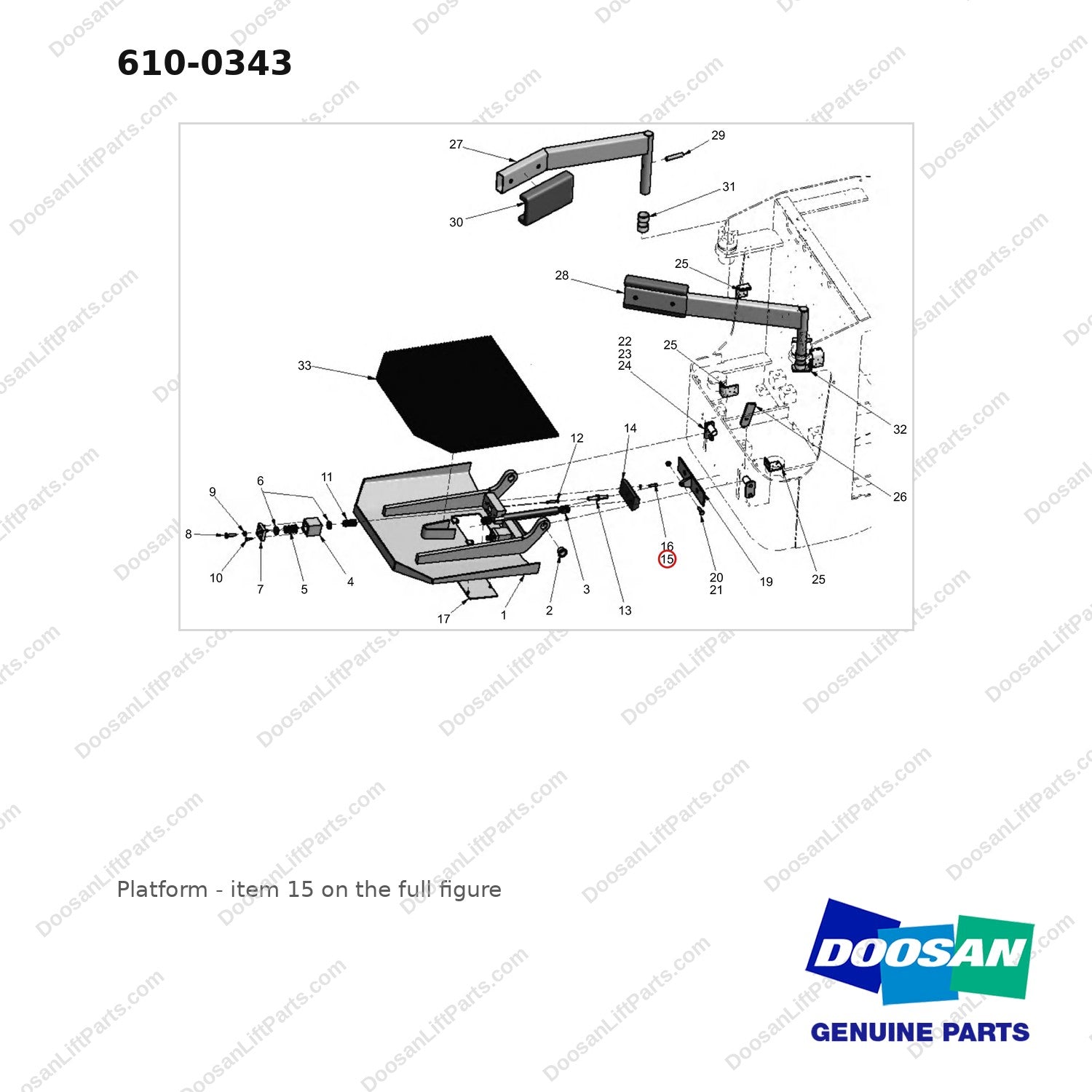 610-0343 Platform - full parts diagram, item 15 marked - genuine Doosan / Bobcat forklift part