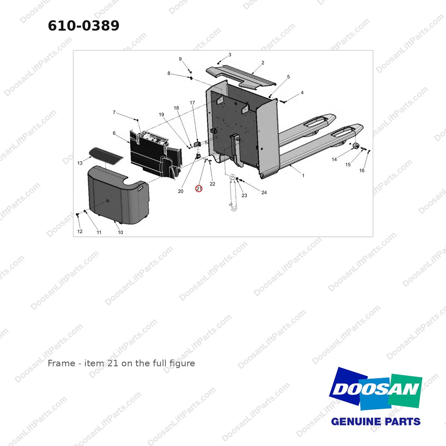 610-0389 Frame - full parts diagram, item 21 marked - genuine Doosan / Bobcat forklift part