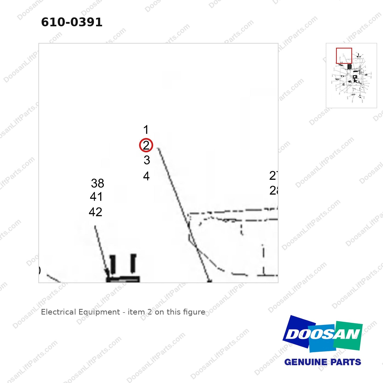 610-0391 Electrical Equipment - parts diagram, item 2 shown - genuine Doosan / Bobcat forklift part