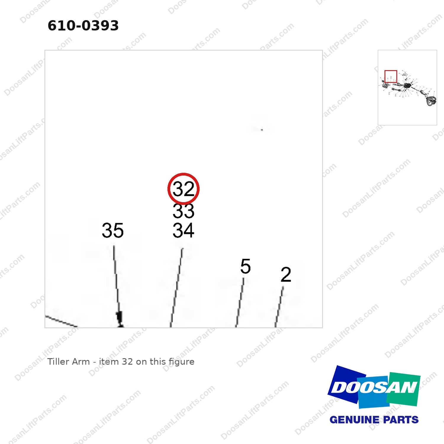 610-0393 Tiller Arm - parts diagram, item 32 shown - genuine Doosan / Bobcat forklift part