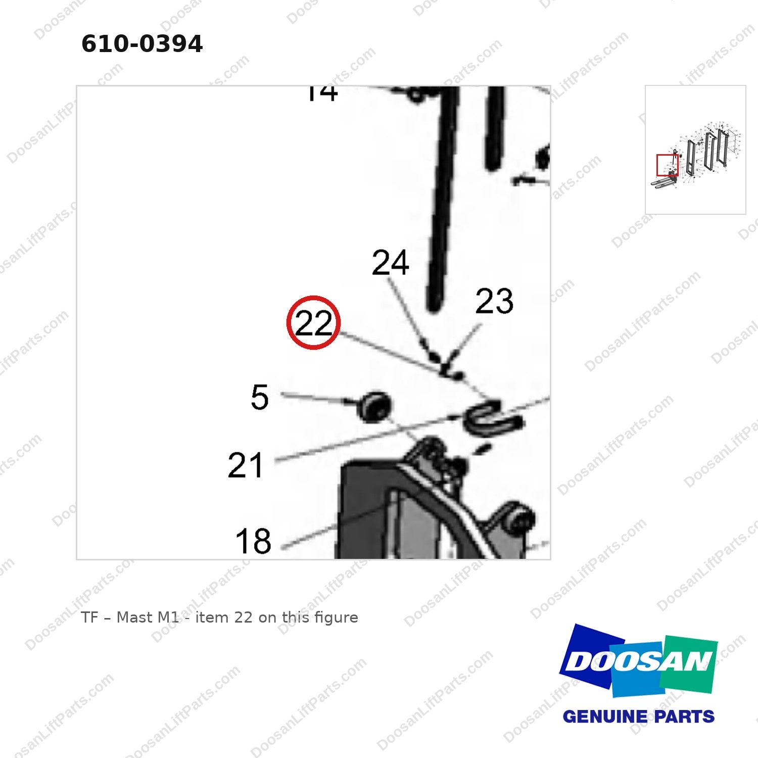 610-0394 TF - Mast  M1 - parts diagram, item 22 shown - genuine Doosan / Bobcat forklift part