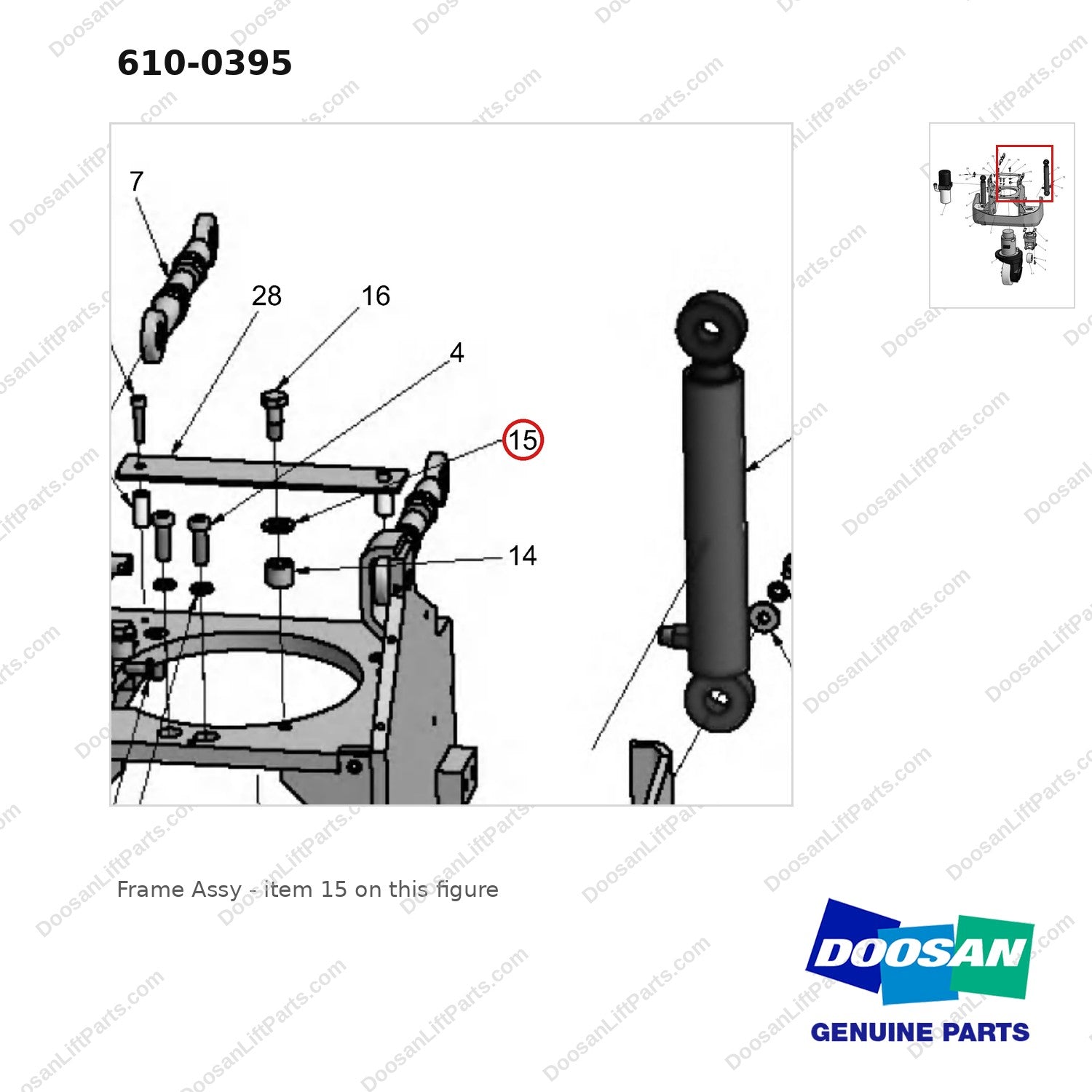 610-0395 Frame Assy - parts diagram, item 15 shown - genuine Doosan / Bobcat forklift part