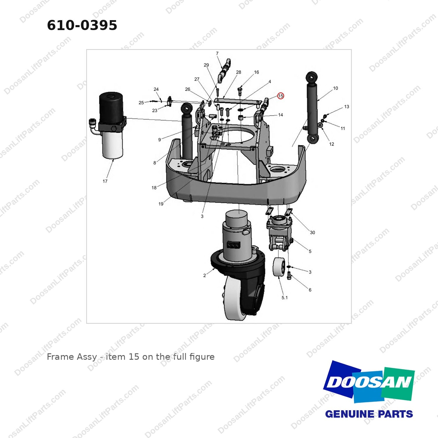 610-0395 Frame Assy - full parts diagram, item 15 marked - genuine Doosan / Bobcat forklift part