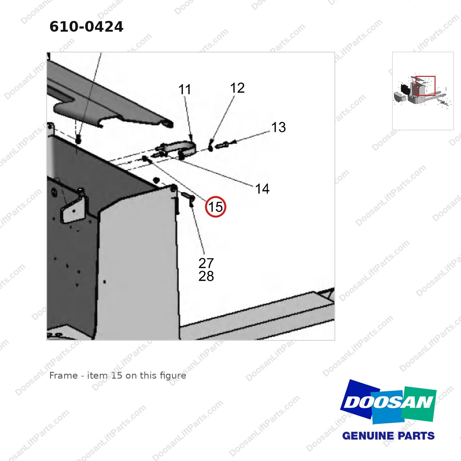 610-0424 Frame - parts diagram, item 15 shown - genuine Doosan / Bobcat forklift part