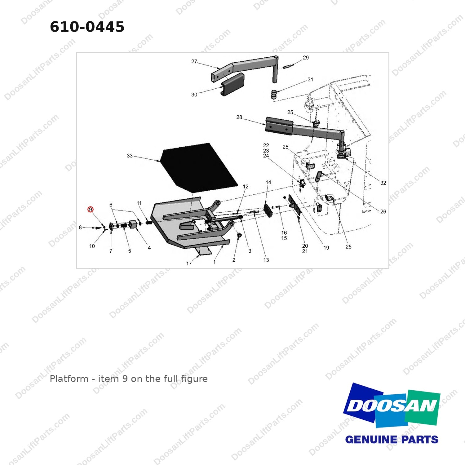 610-0445 Platform - full parts diagram, item 9 marked - genuine Doosan / Bobcat forklift part