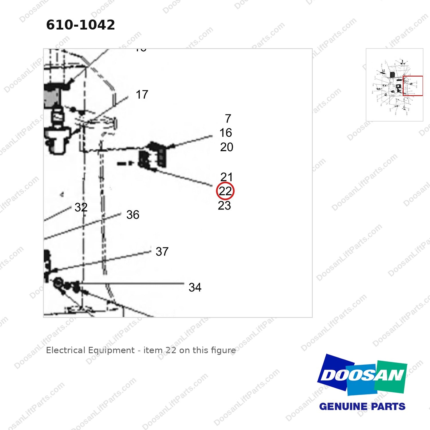 610-1042 Electrical Equipment - parts diagram, item 22 shown - genuine Doosan / Bobcat forklift part