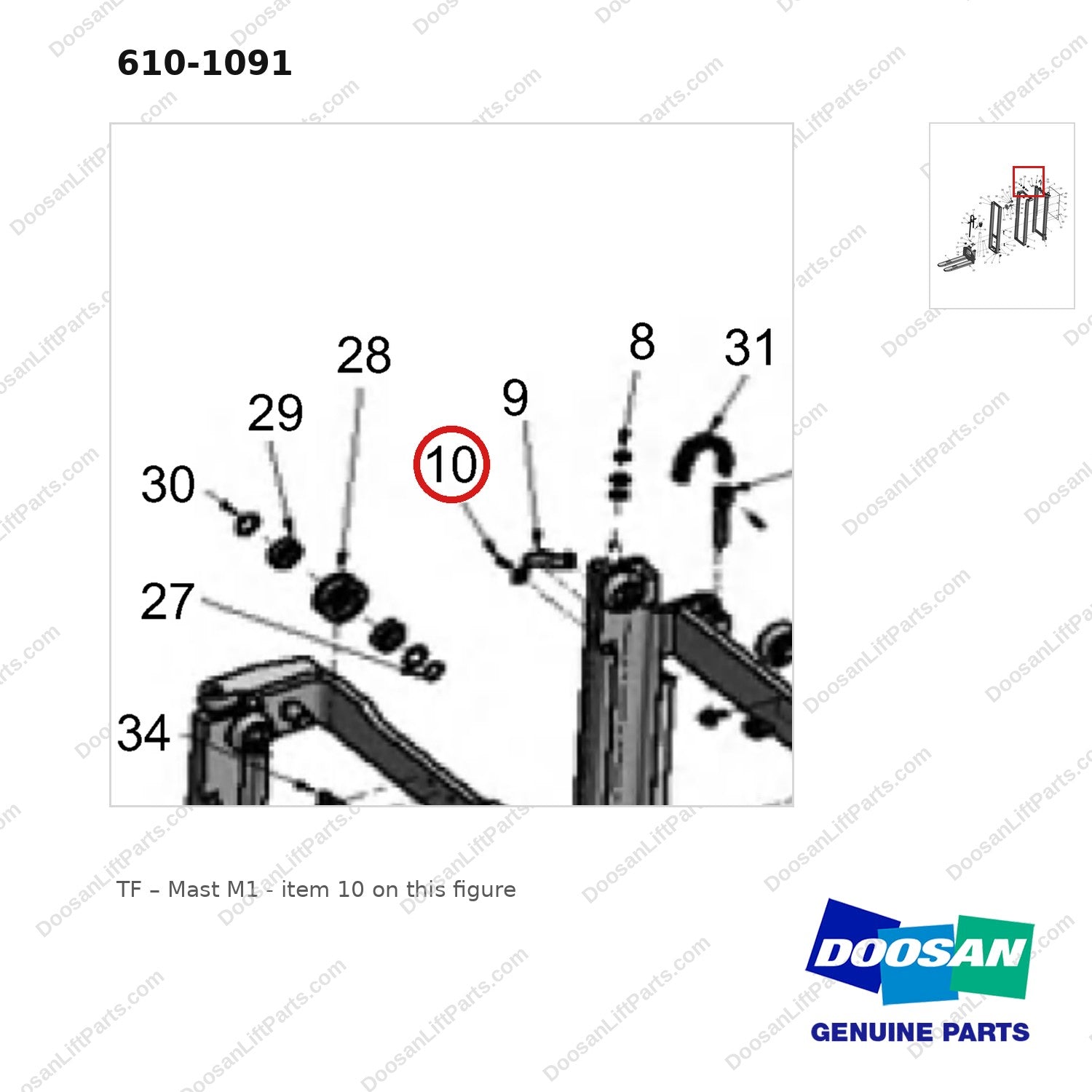 610-1091 TF - Mast  M1 - parts diagram, item 10 shown - genuine Doosan / Bobcat forklift part