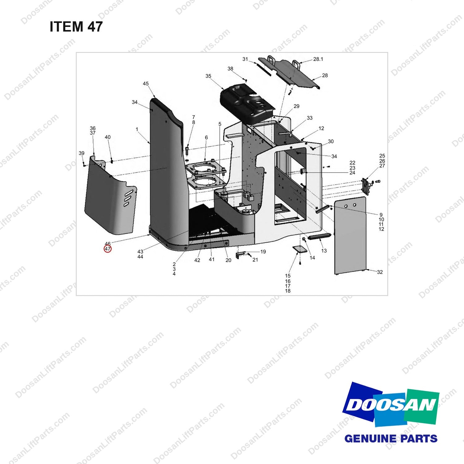 610-2708 Frame - full parts diagram, item 47 marked - genuine Doosan / Bobcat forklift part