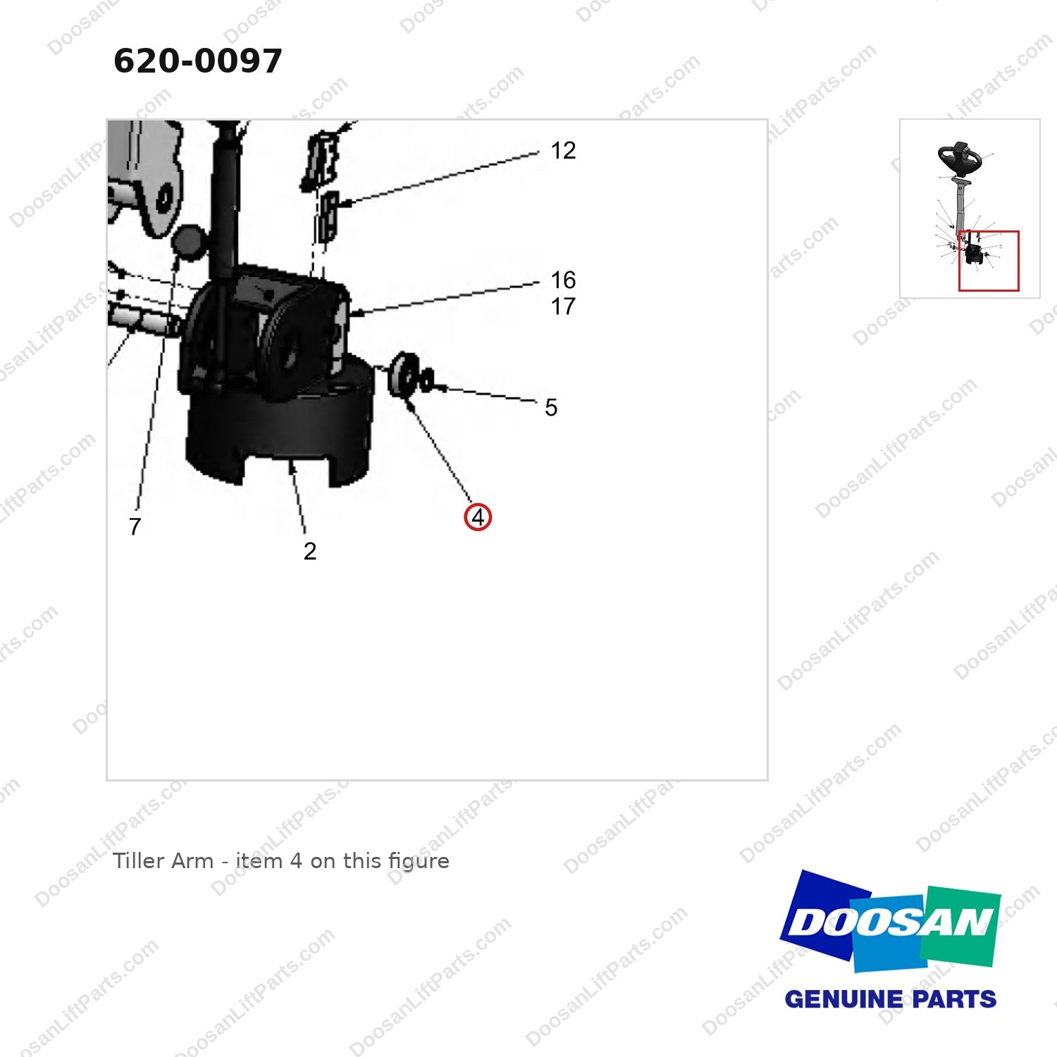 620-0097 Tiller Arm - parts diagram, item 4 shown - genuine Doosan / Bobcat forklift part