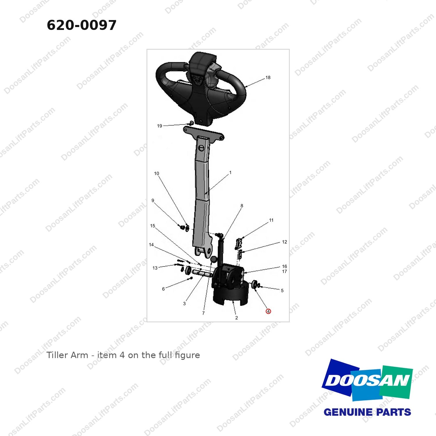 620-0097 Tiller Arm - full parts diagram, item 4 marked - genuine Doosan / Bobcat forklift part