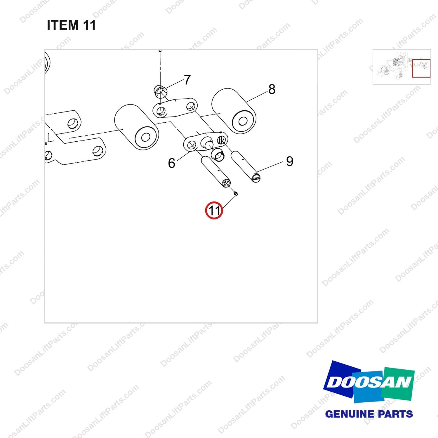 630-0351 Tandem Roller, Support Wheel, DR (URE) - parts diagram, item 11 shown - genuine Doosan / Bobcat forklift part