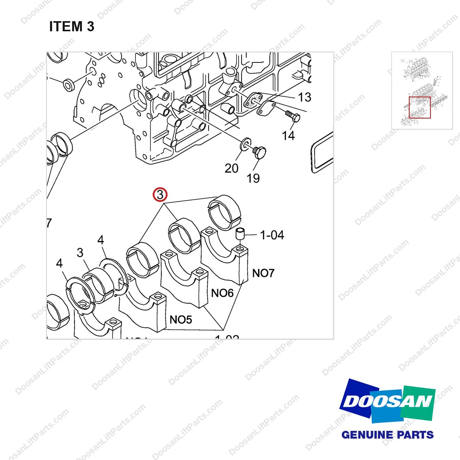 65.01110-6094B BLOCK,CYLINDER - parts diagram, item 3 shown - genuine Doosan / Bobcat forklift part