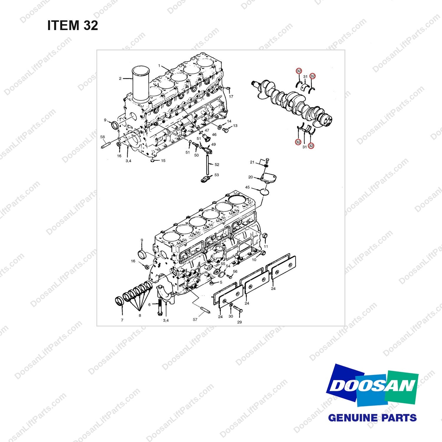 65.01150-6014 CYLINDER  BLOCK ASS'Y - SHOE - full parts diagram, item 32 marked - genuine Doosan / Bobcat forklift part