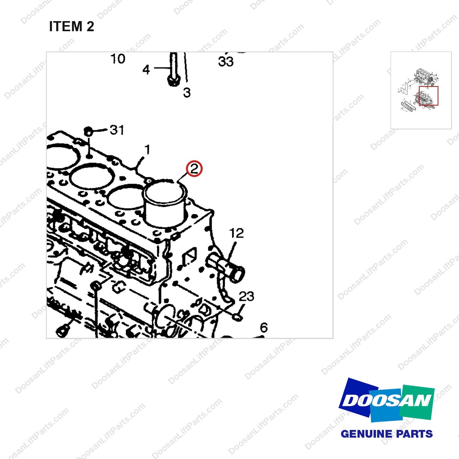 65.01201-0061 CYLINDER BLOCK - parts diagram, item 2 shown - genuine Doosan / Bobcat forklift part