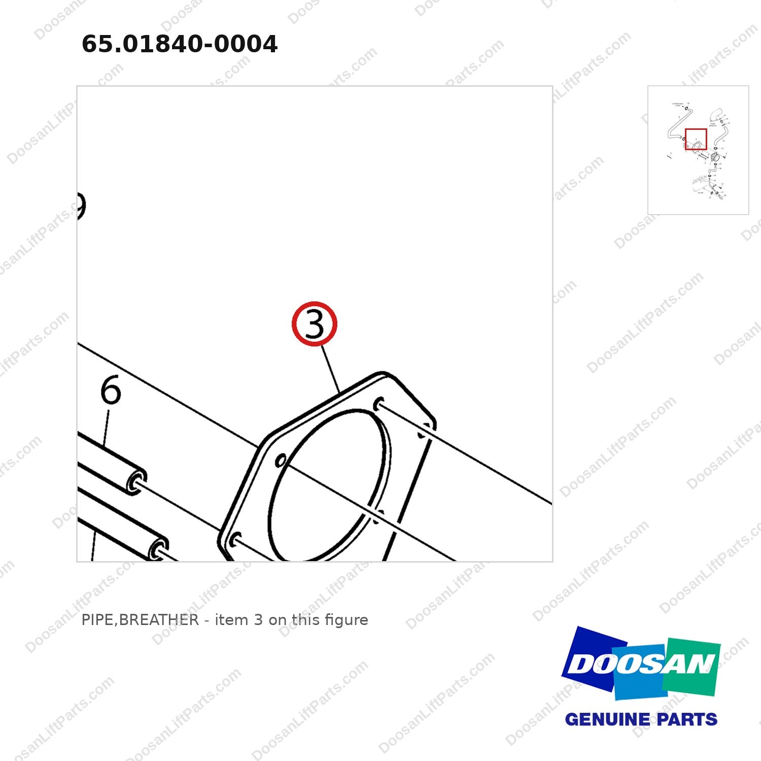 65.01840-0004 PIPE,BREATHER - parts diagram, item 3 shown - genuine Doosan / Bobcat forklift part