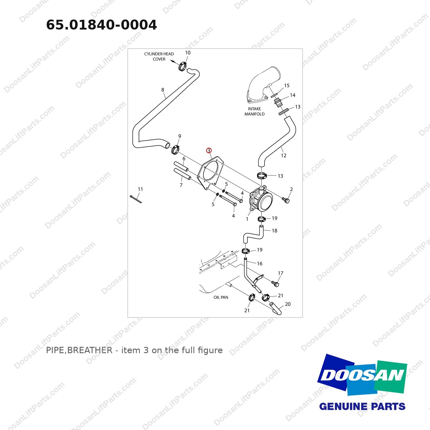 65.01840-0004 PIPE,BREATHER - full parts diagram, item 3 marked - genuine Doosan / Bobcat forklift part