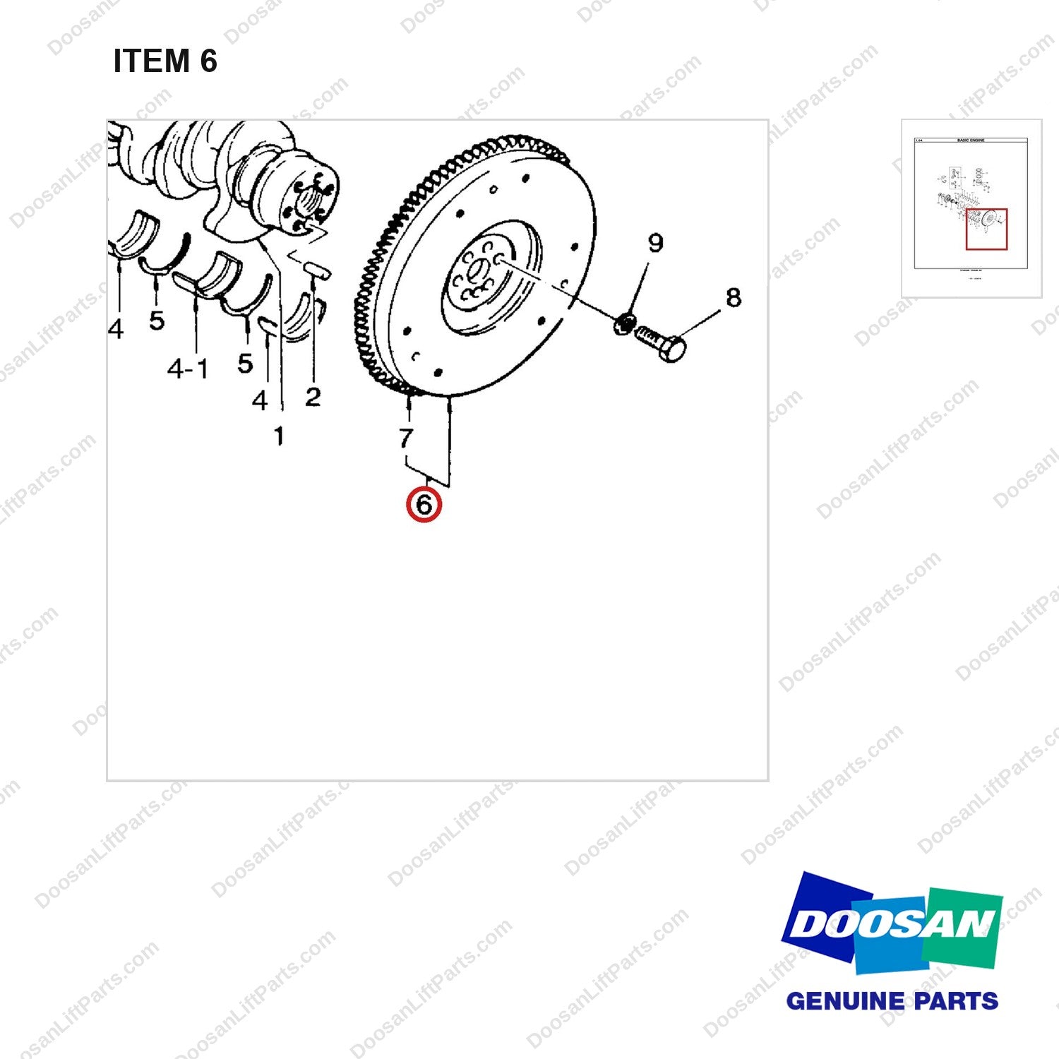 65.02301-5032 CRANK AS - parts diagram, item 6 shown - genuine Doosan / Bobcat forklift part