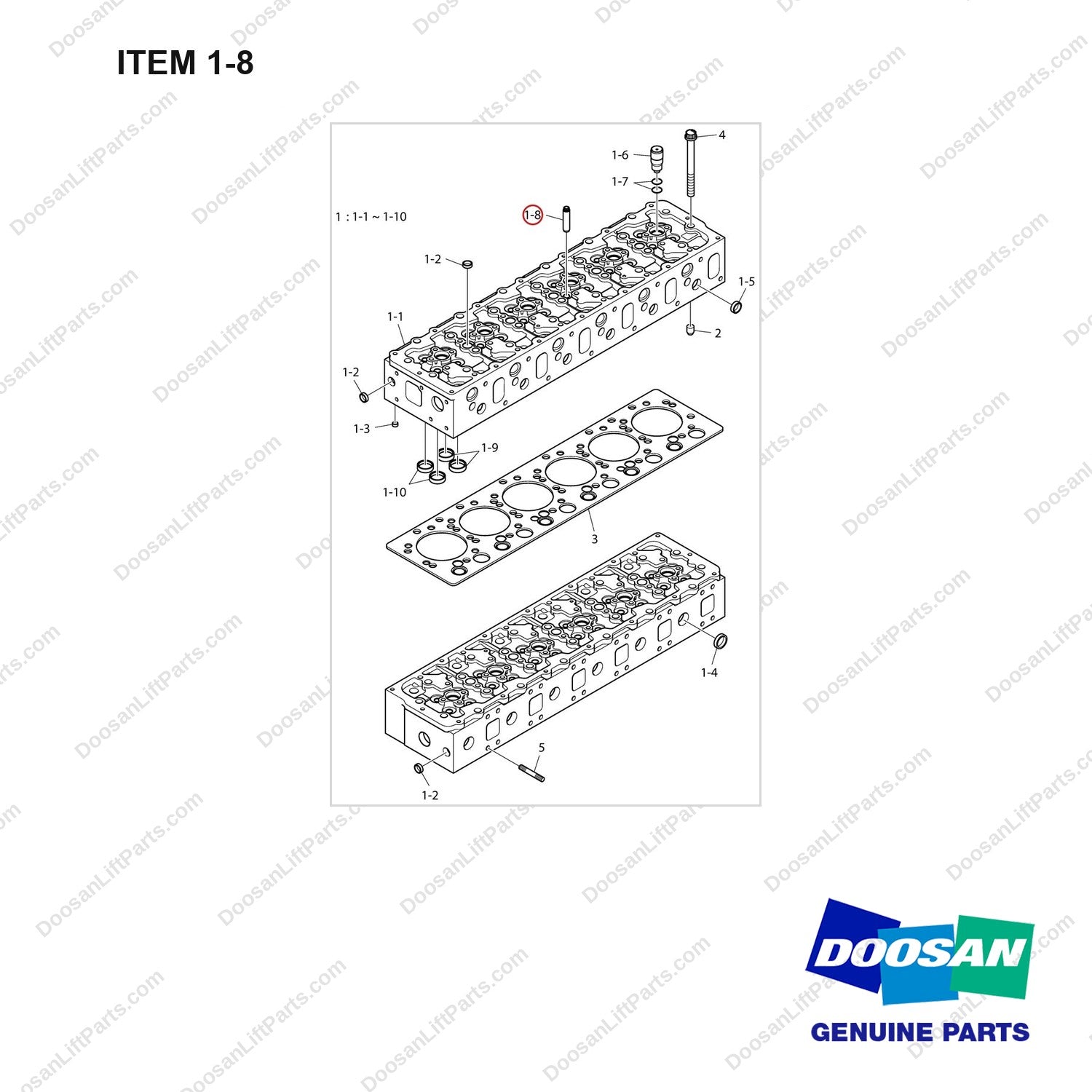 65.03201-1012A CYLINDER HEAD - full parts diagram, item 1-8 marked - genuine Doosan / Bobcat forklift part