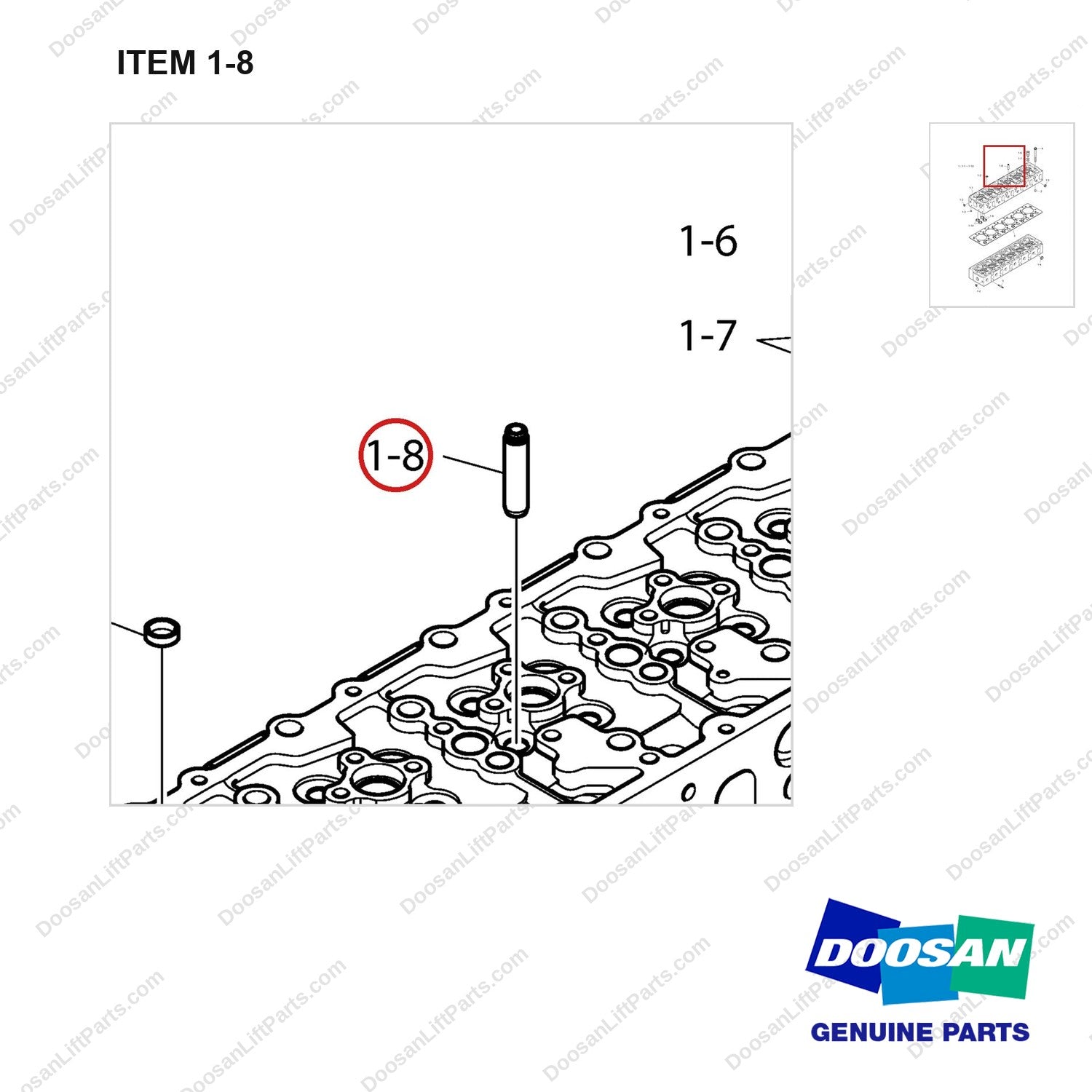 65.03201-1012A CYLINDER HEAD - parts diagram, item 1-8 shown - genuine Doosan / Bobcat forklift part