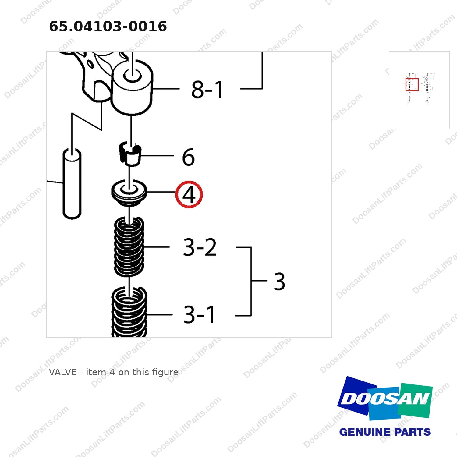 65.04103-0016 VALVE - parts diagram, item 4 shown - genuine Doosan / Bobcat forklift part