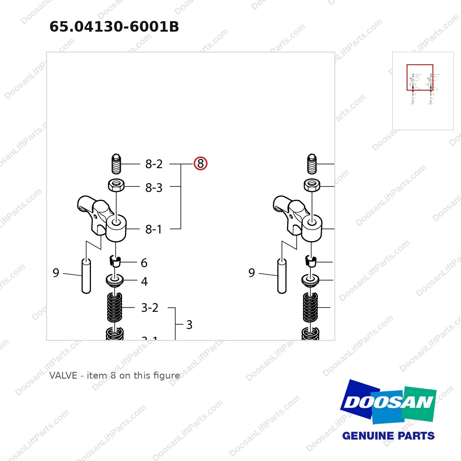 65.04130-6001B VALVE - parts diagram, item 8 shown - genuine Doosan / Bobcat forklift part