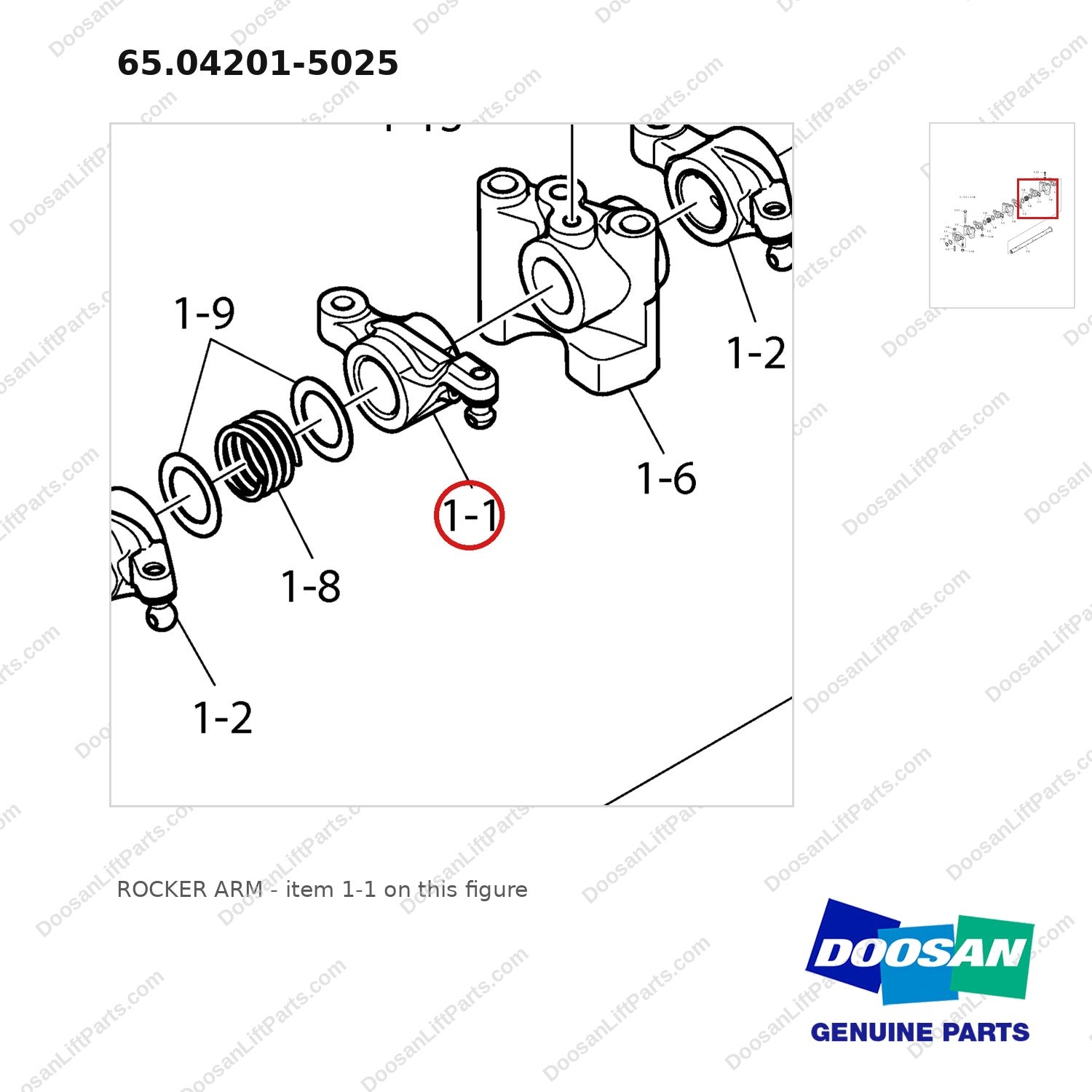 65.04201-5025 ROCKER ARM - parts diagram, item 1-1 shown - genuine Doosan / Bobcat forklift part