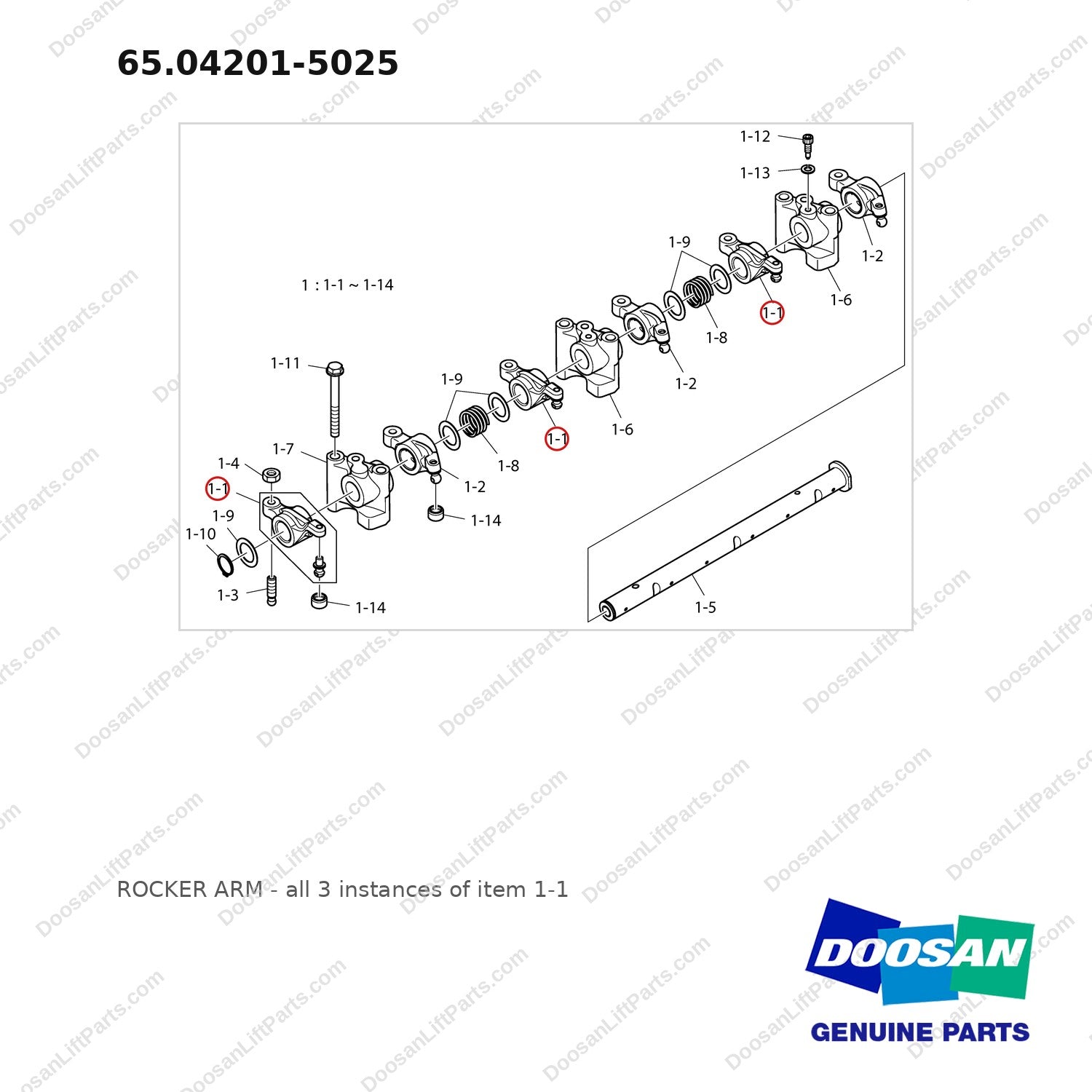 65.04201-5025 ROCKER ARM - full parts diagram, item 1-1 marked - genuine Doosan / Bobcat forklift part