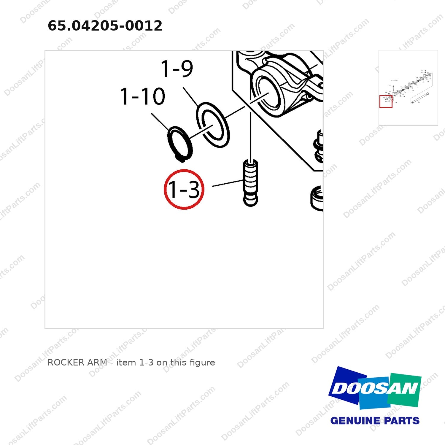 65.04205-0012 ROCKER ARM - parts diagram, item 1-3 shown - genuine Doosan / Bobcat forklift part