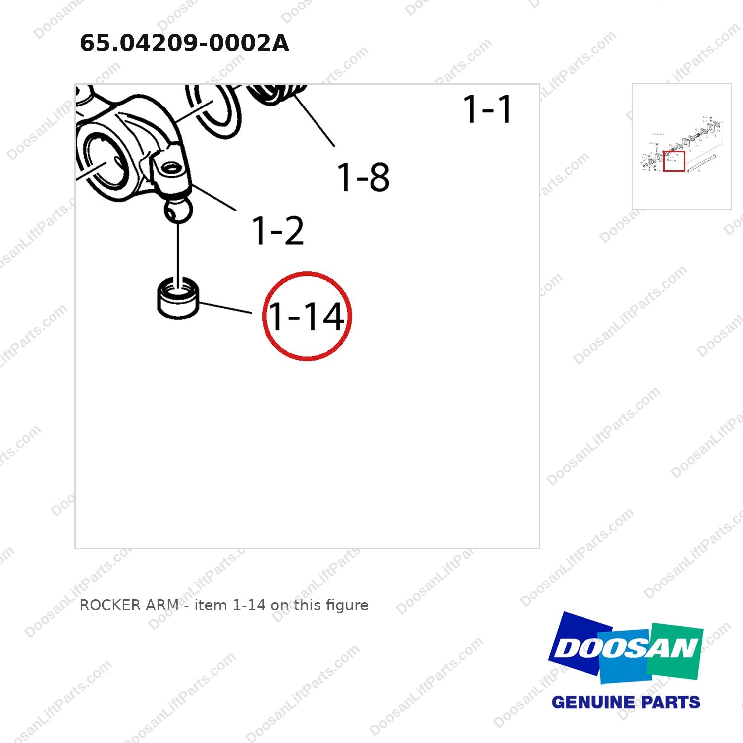 65.04209-0002A ROCKER ARM - parts diagram, item 1-14 shown - genuine Doosan / Bobcat forklift part